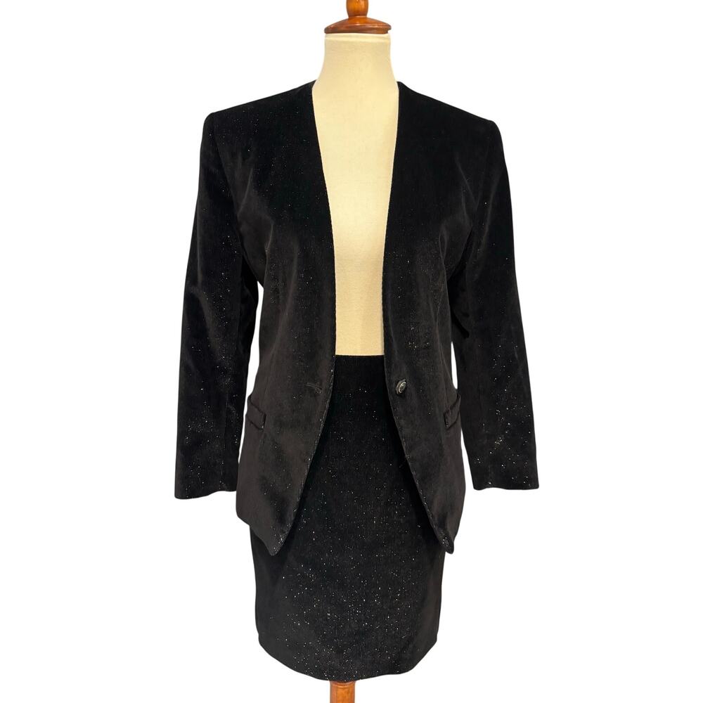 Liz Claiborne VTG Velvet Skirt Suit Set Black Sparkle Evening Career Size 10P
